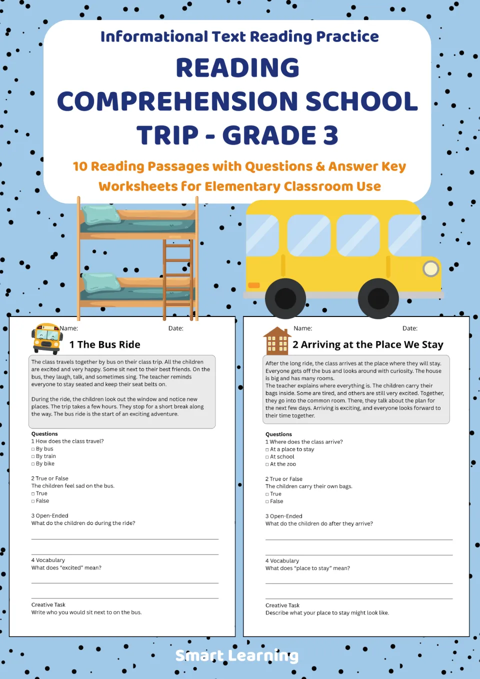 Cover of the Grade 3 school trip reading packet, identifying 10 passages with questions and an answer key