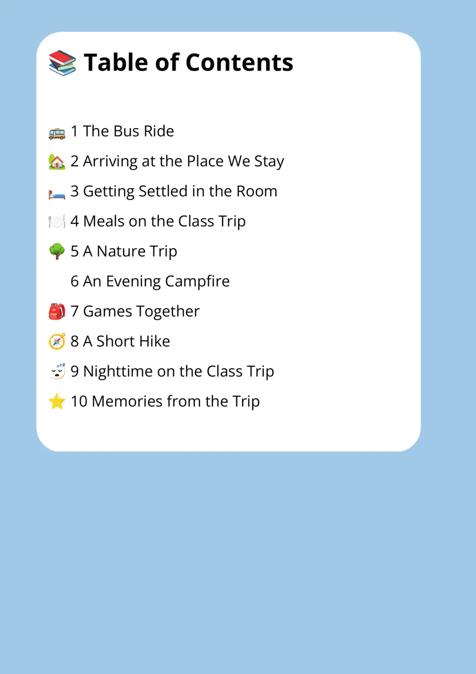 Table of contents listing 10 school trip passages, from The Bus Ride through Memories from the Trip