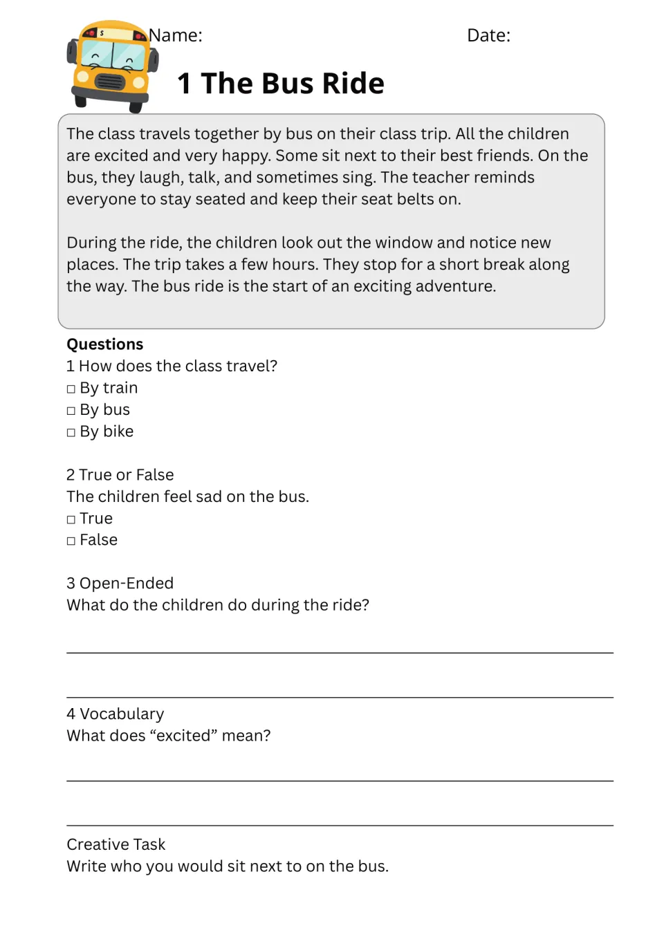 The Bus Ride passage and five exercises about travel, children's feelings, bus activities, and vocabulary