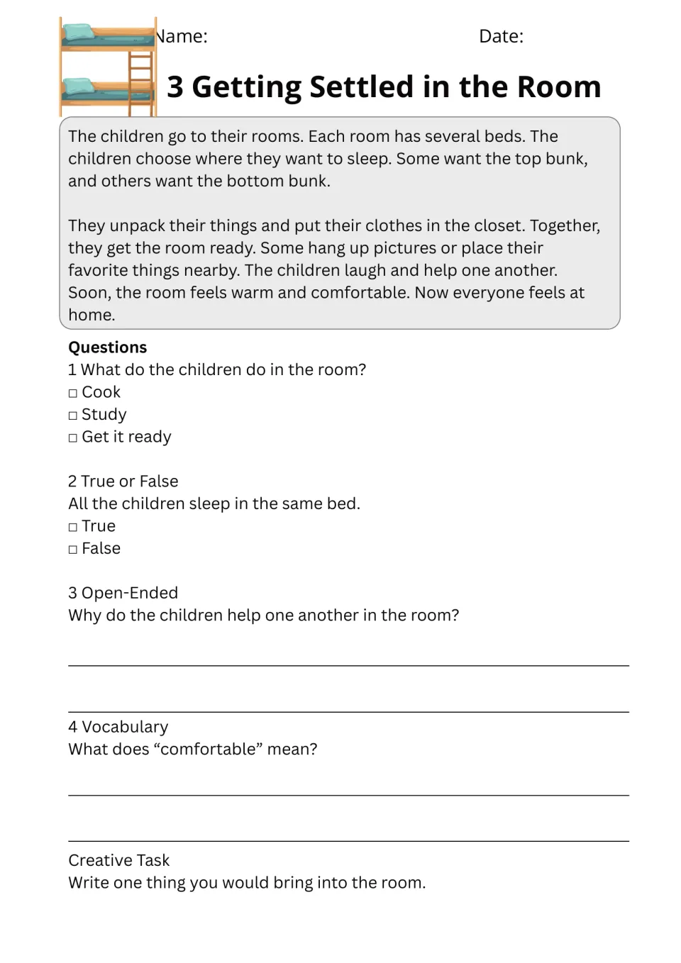 Getting Settled in the Room passage with five exercises about preparing rooms, helping, and feeling comfortable
