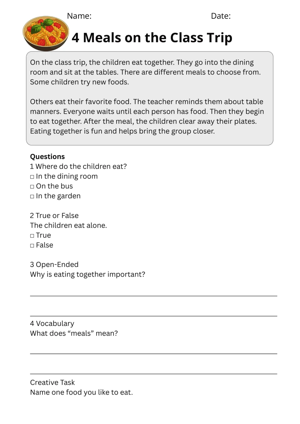 Meals on the Class Trip passage with five exercises about dining together, meals, and a favorite food