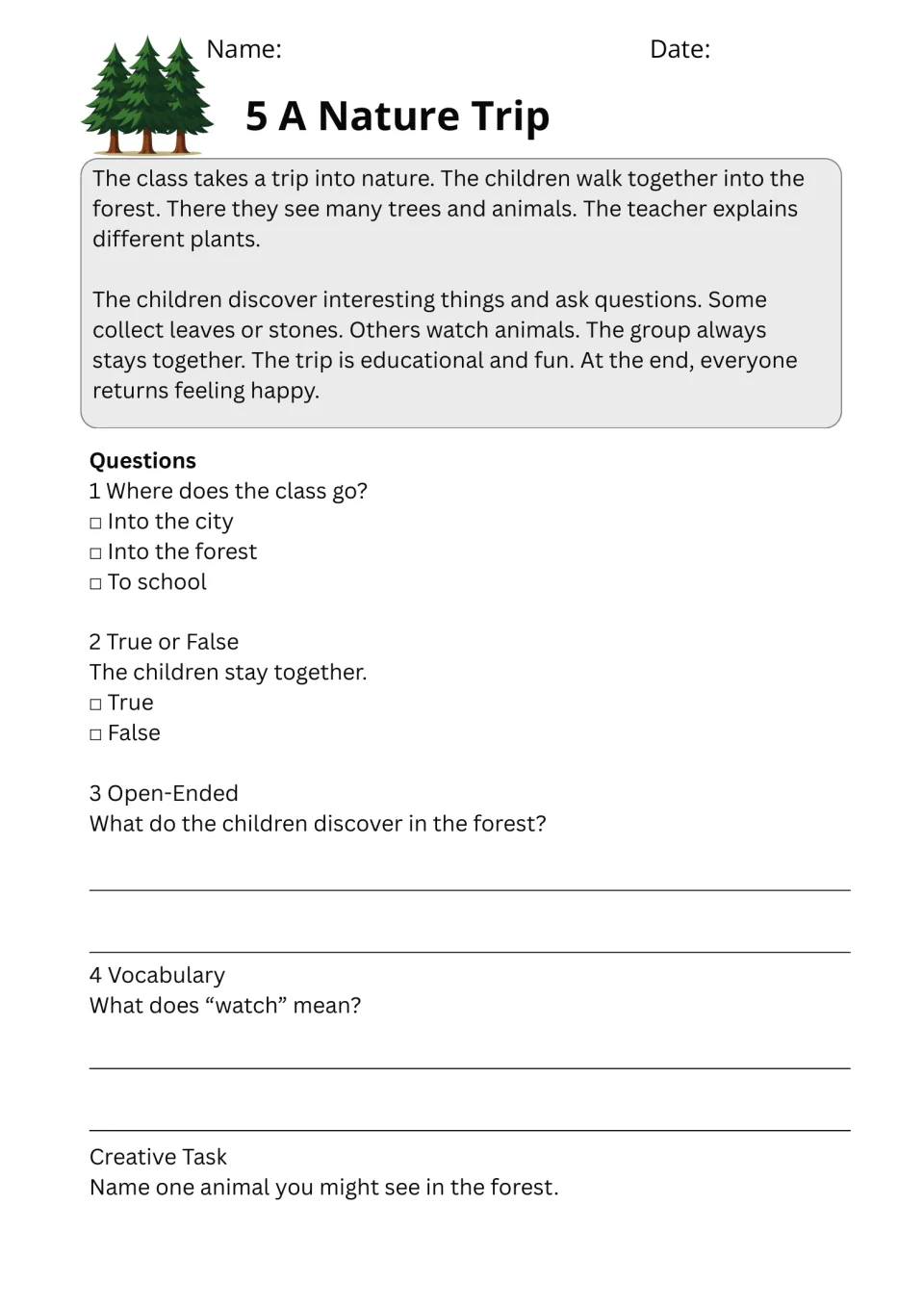 A Nature Trip passage with five exercises about visiting a forest, staying together, and the word watch