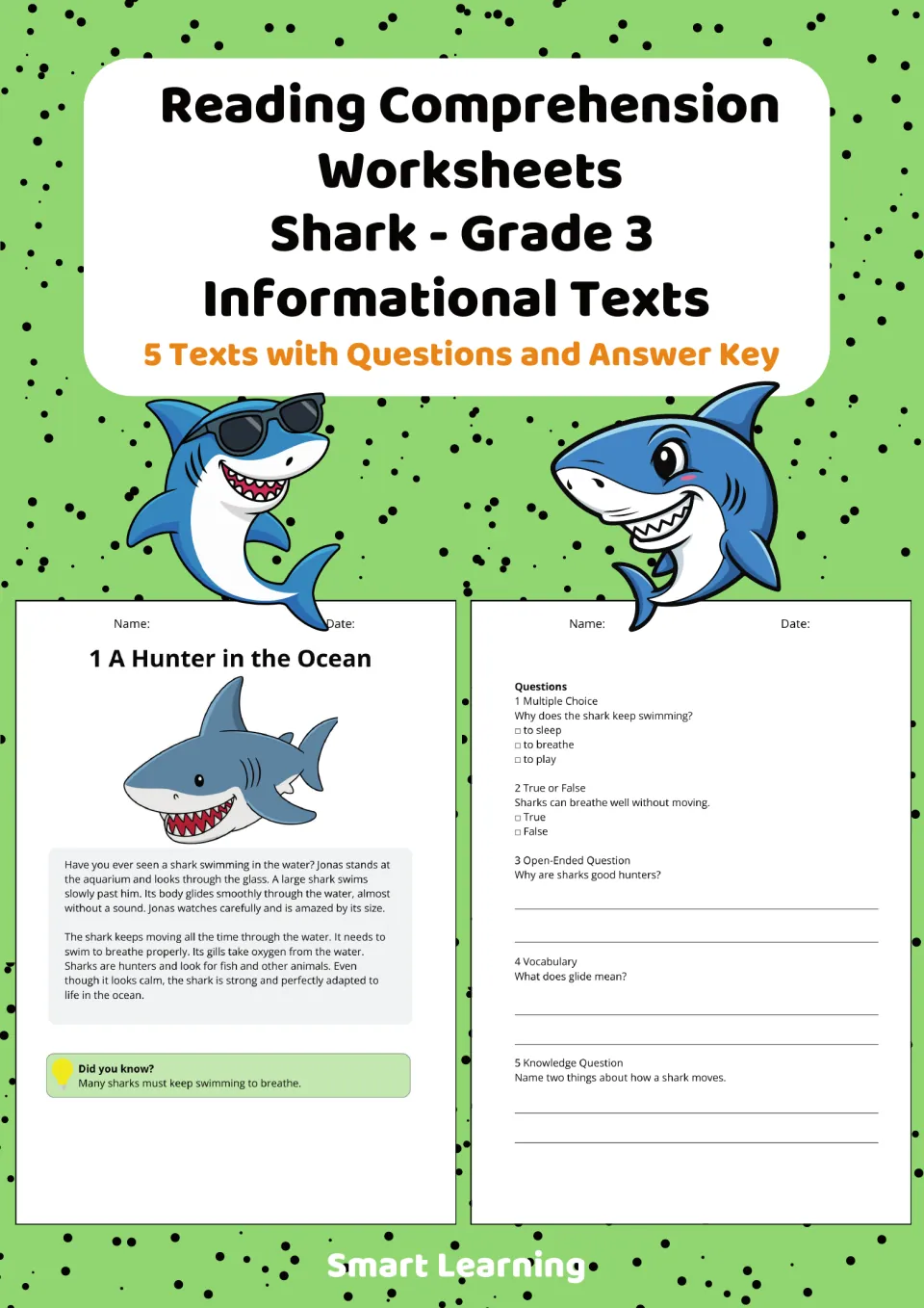 Cover of the grade 3 shark reading packet, announcing five informational texts with questions and an answer key