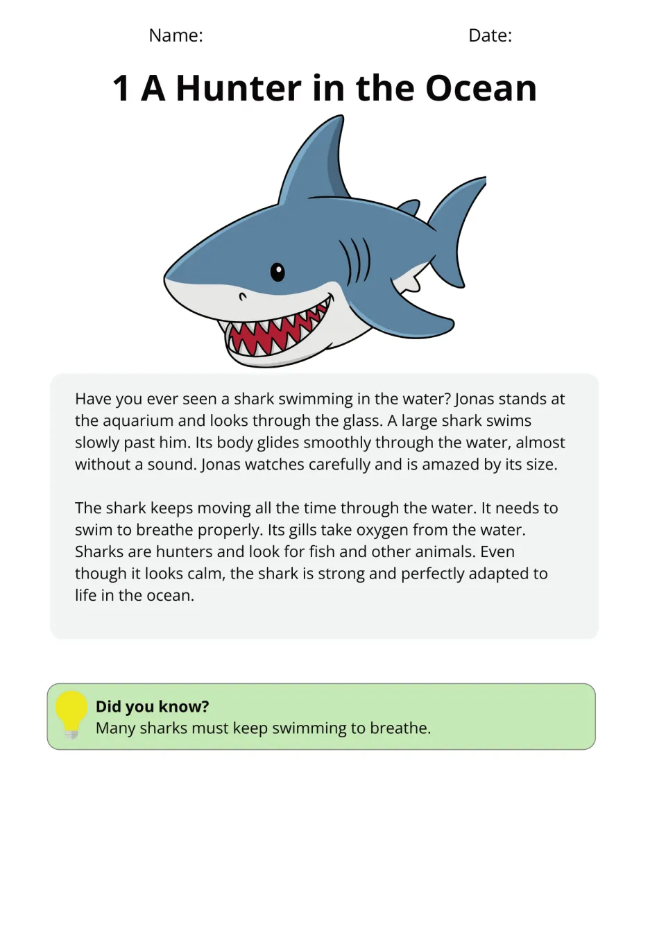 Passage 1, A Hunter in the Ocean, follows Jonas watching a shark and explains its movement, gills, and hunting