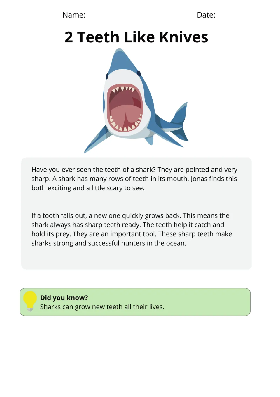 Passage 2, Teeth Like Knives, explains sharks' sharp teeth, rows of teeth, tooth replacement, and catching prey
