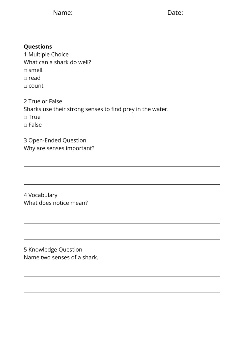 Five questions for Senses Under Water cover smell, finding prey, the importance of senses, and notice