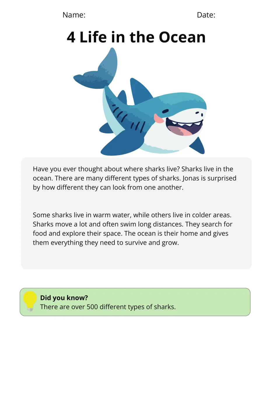 Passage 4, Life in the Ocean, describes shark types, warm and cold habitats, and swimming to find food
