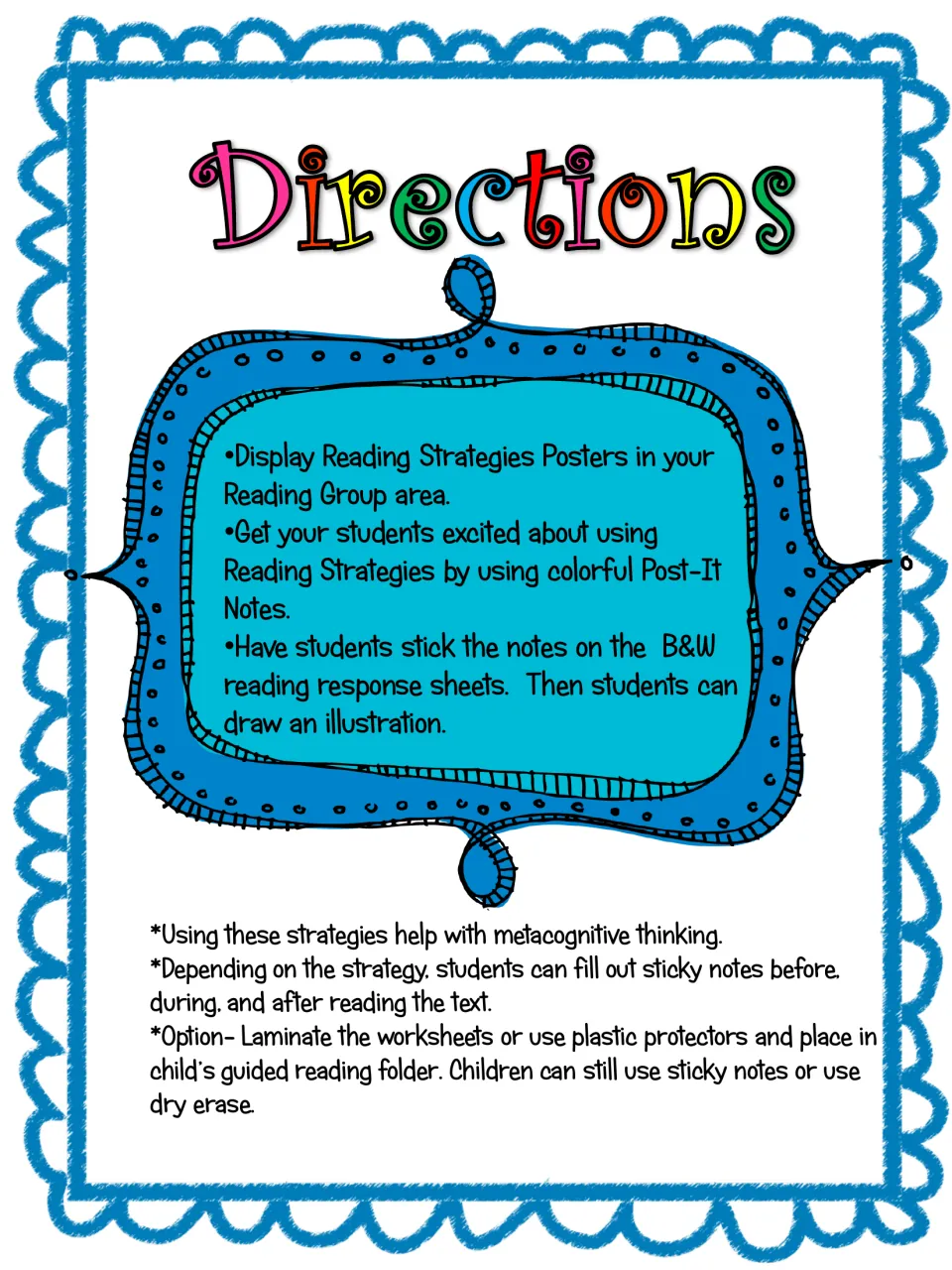 Teacher directions: display strategy posters, have students stick Post-it notes on response sheets, then draw a picture