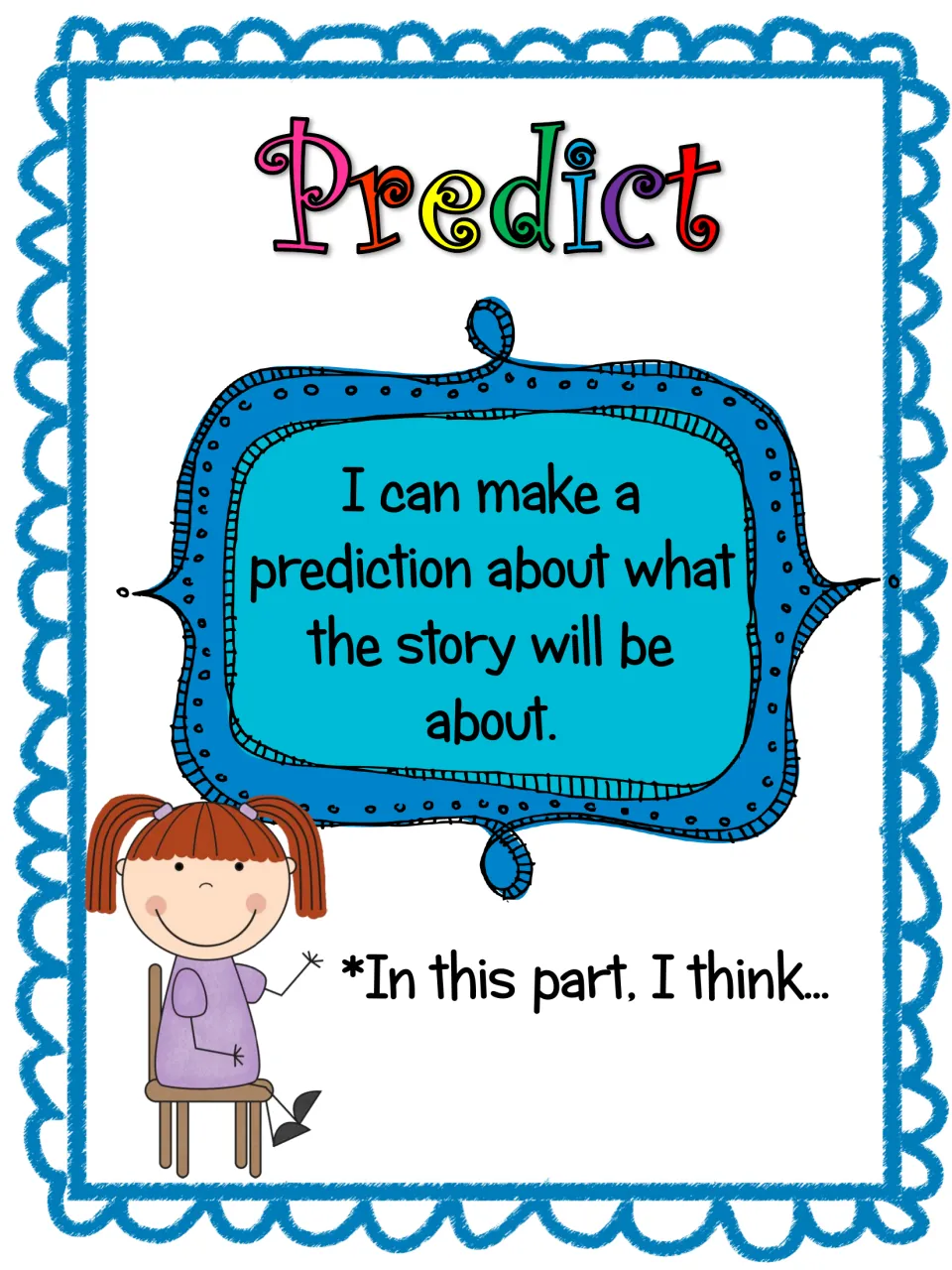 Predict poster: 'I can make a prediction about what the story will be about,' with the stem 'In this part, I think'