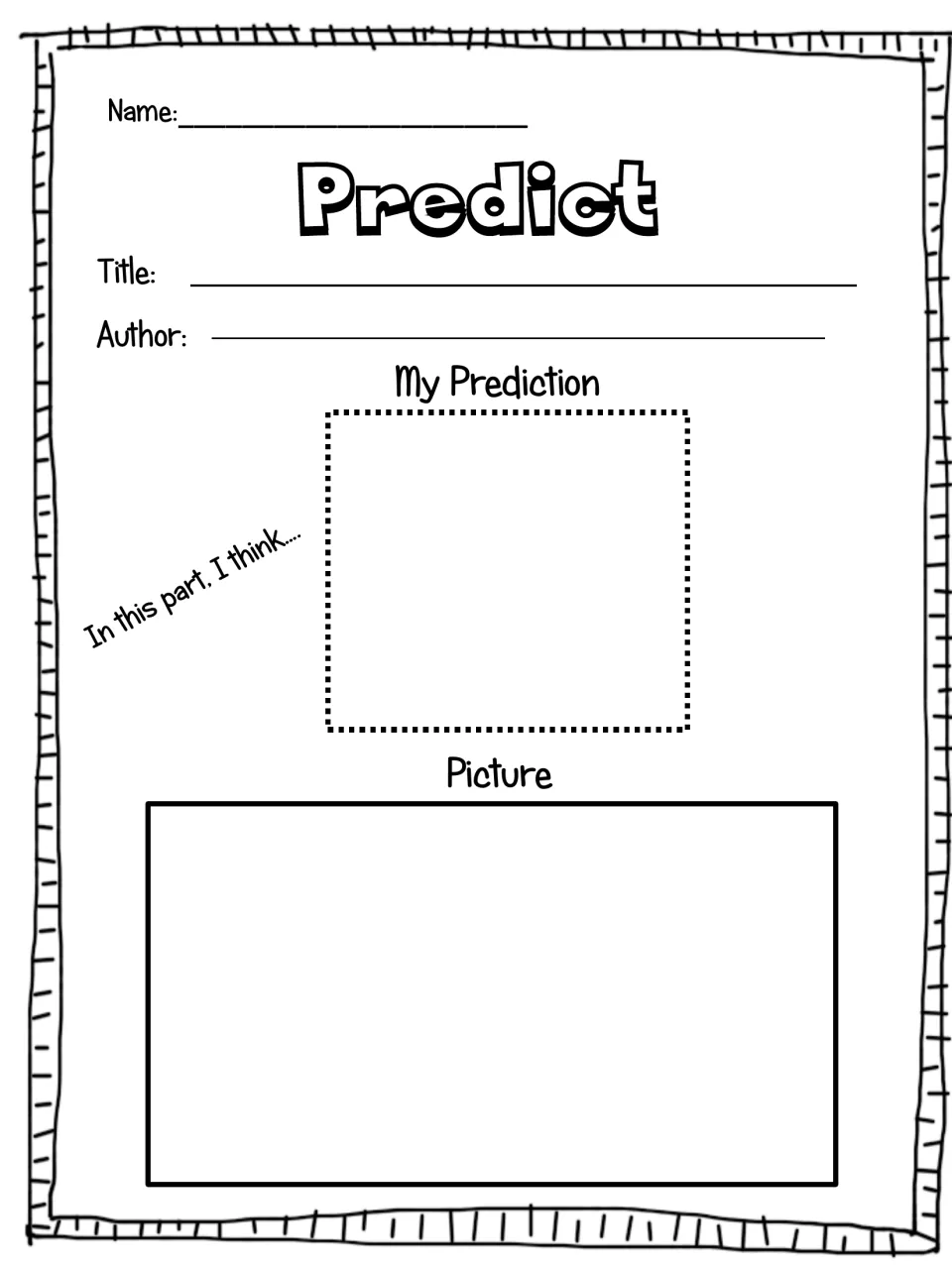 Predict response sheet: students write the book title and author, note a prediction for one part, and draw a picture of it