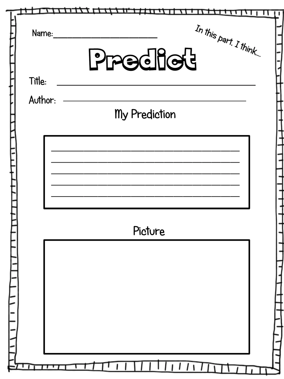 Predict sheet, writing version: students record title and author, write their prediction in sentences, then illustrate it