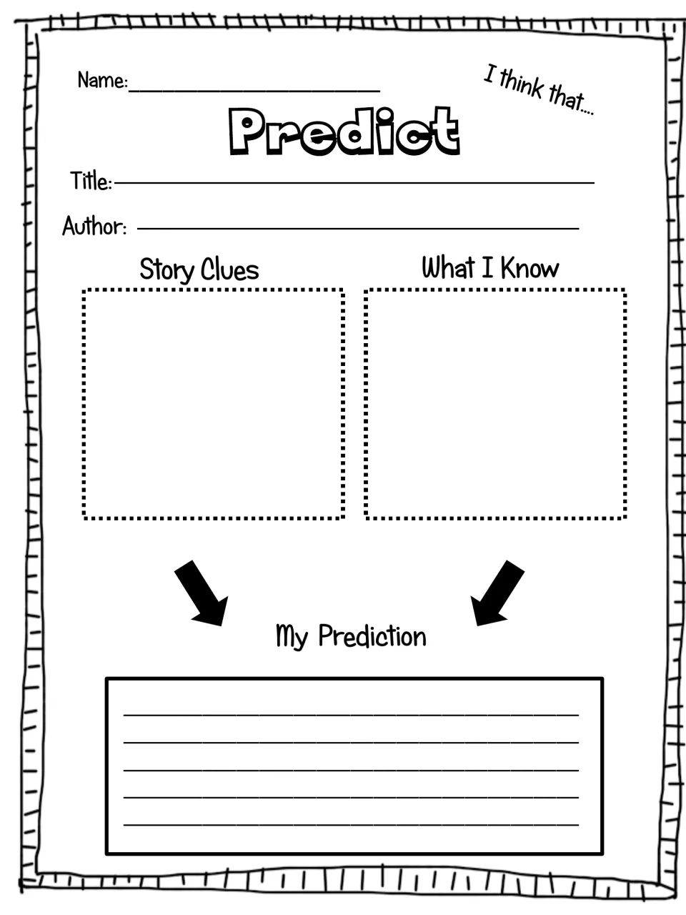Predict organizer: students combine story clues with what they know to write a prediction, using the stem 'I think that'