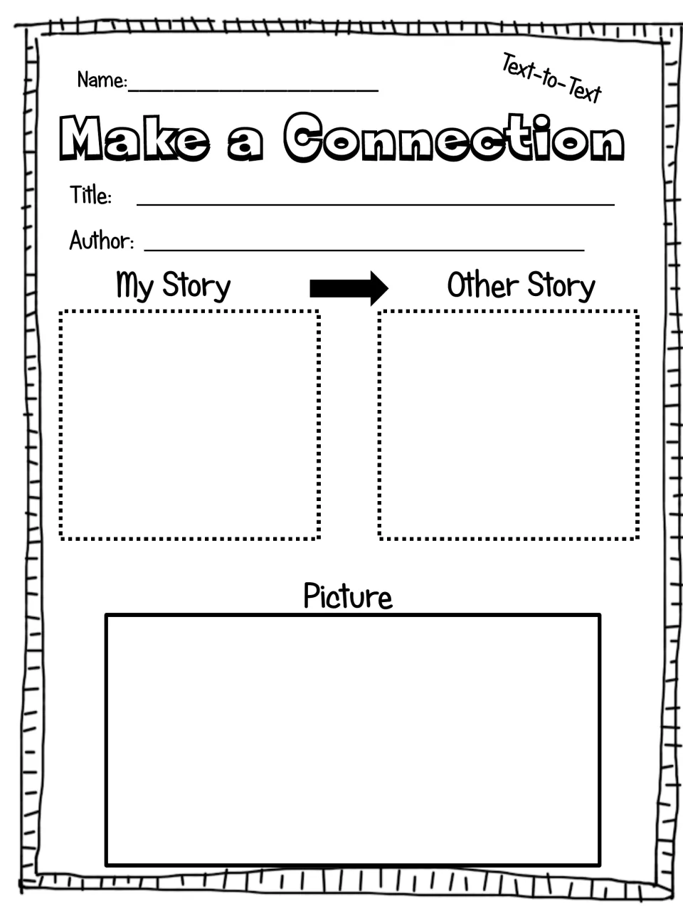 Make a Connection text-to-text sheet: students link their story to another story, note title and author, and draw a picture