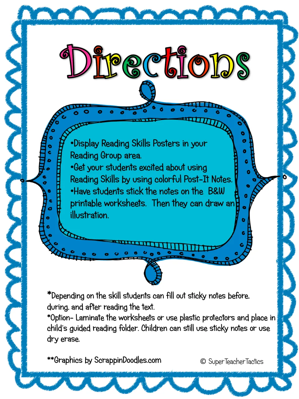 Directions for using reading skills posters and sticky notes on the printables, with laminating and dry-erase options
