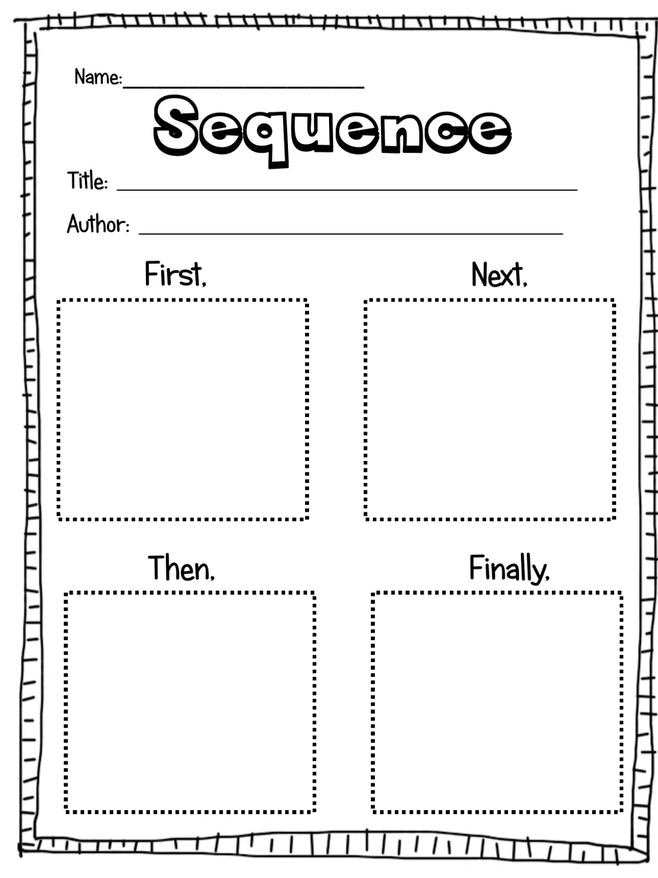 Sequence organizer: students record a book's title and author, then retell events under First, Next, Then and Finally