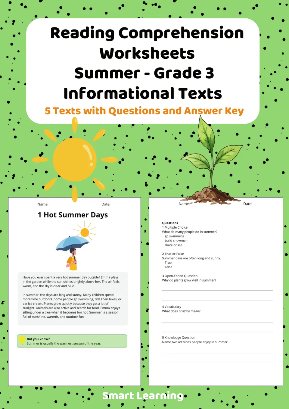 Cover: 5 summer informational texts with questions and answer key, showing a sample passage and its question page