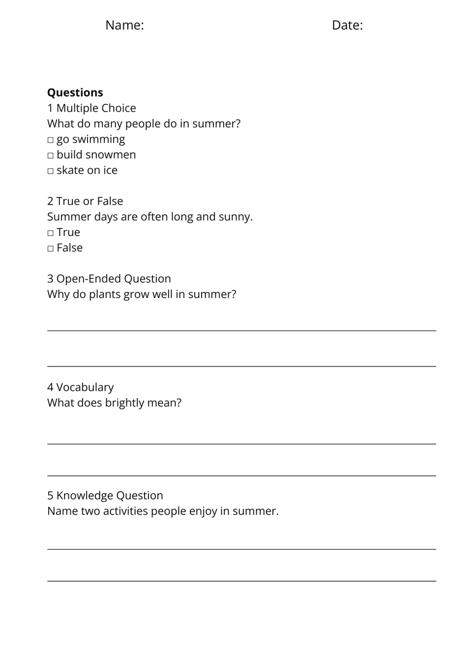 Hot Summer Days questions: multiple choice, true or false, why plants grow well, the word brightly, two summer activities