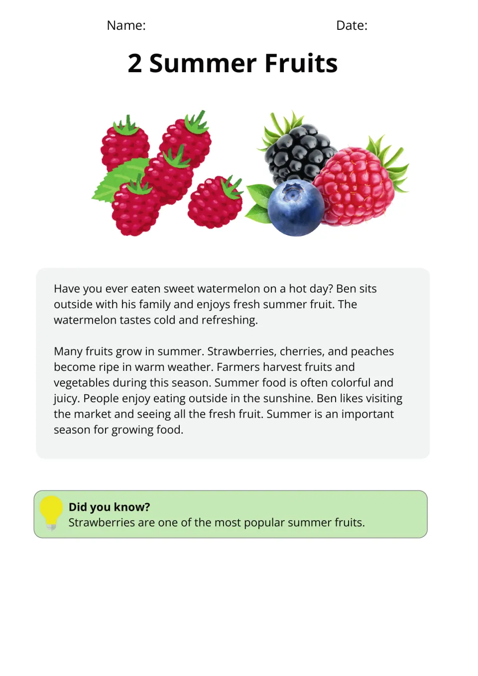 Summer Fruits passage: students read about Ben enjoying watermelon and which fruits ripen in summer, with berry pictures