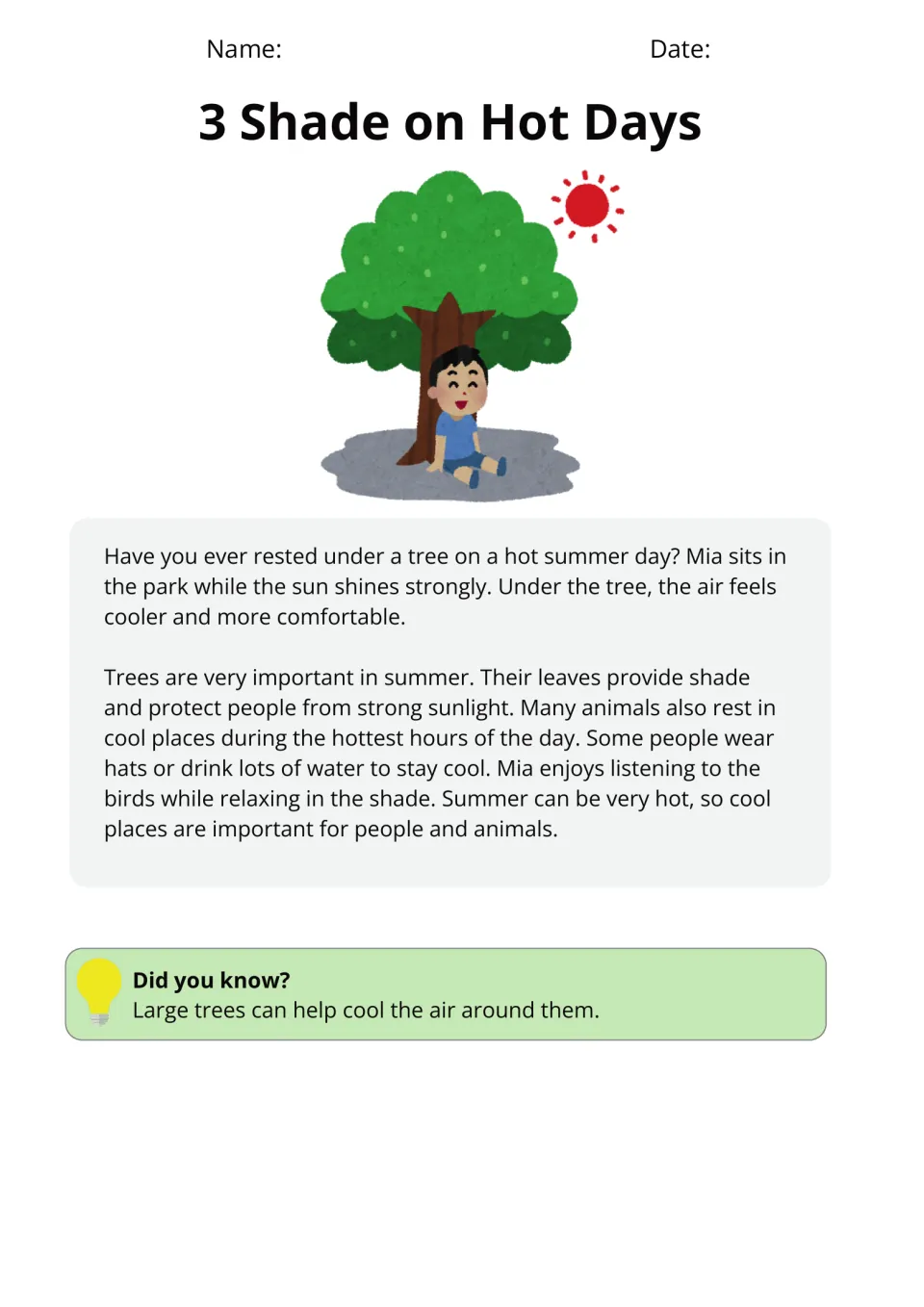 Shade on Hot Days passage: students read about Mia resting under a tree and how people and animals stay cool in summer