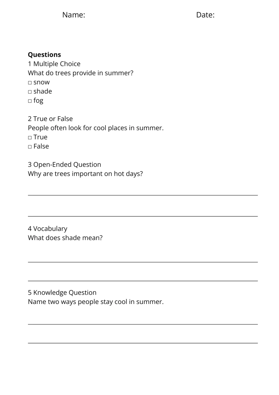 Shade on Hot Days questions: what trees provide, why trees matter on hot days, the word shade and two ways to stay cool