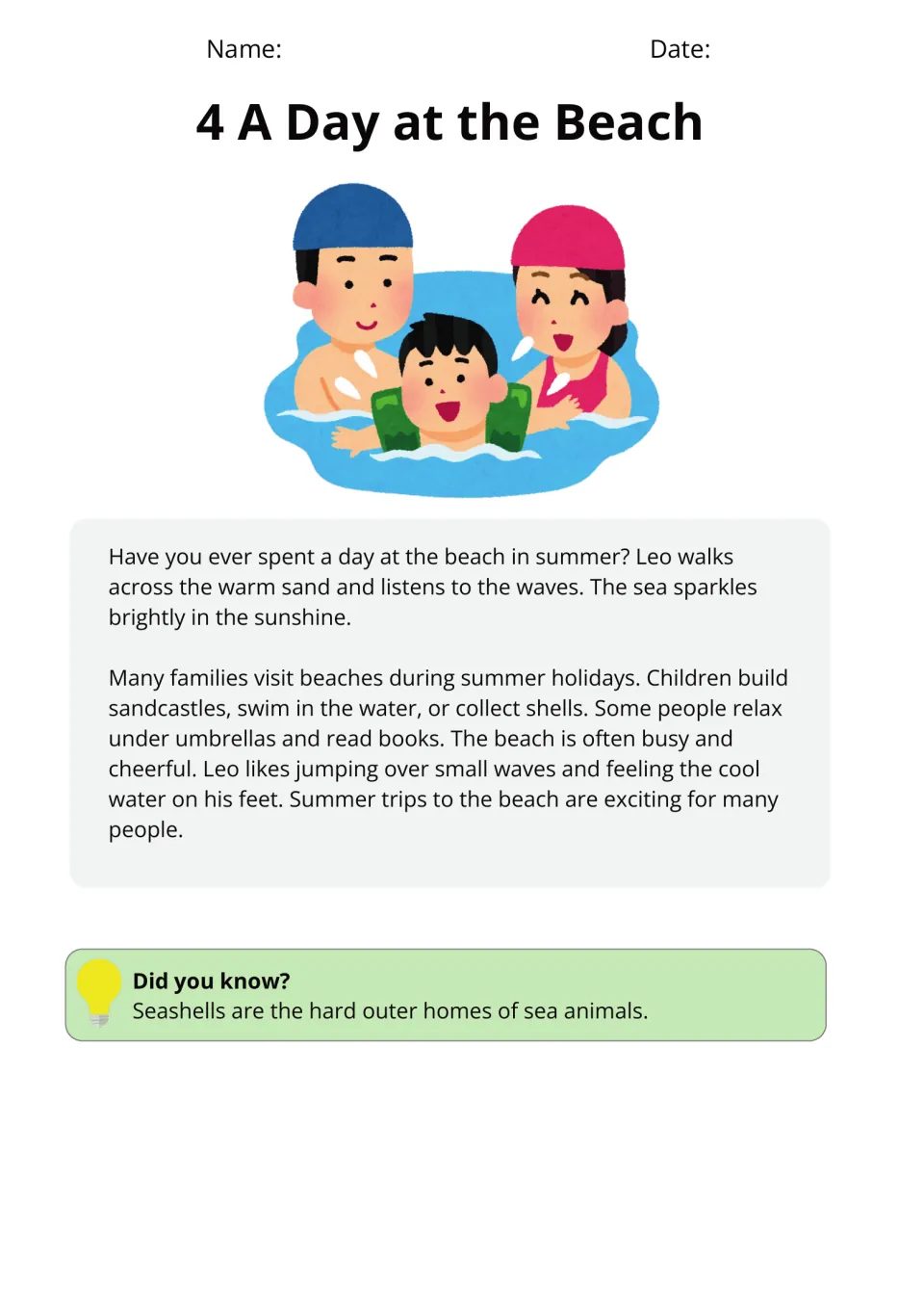 A Day at the Beach passage: students read about Leo at the seaside and what families do there, like building sandcastles