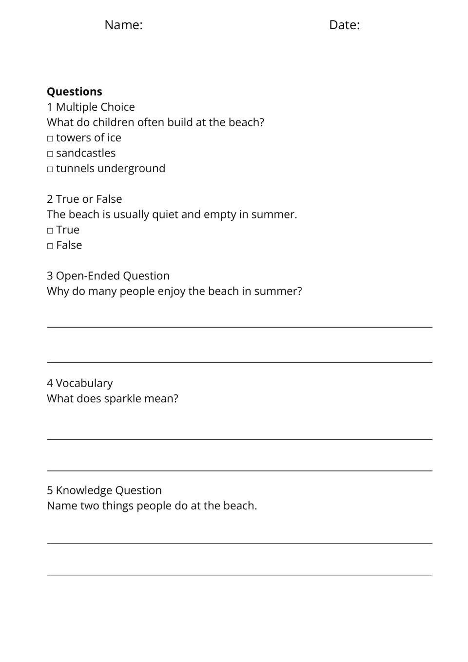 A Day at the Beach questions: what children build, a true or false on busy beaches, the word sparkle, two beach activities