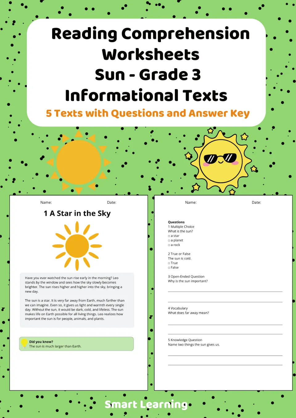 Cover of Sun Grade 3 informational reading worksheets: 5 texts with questions and answer key, shown with two sample pages