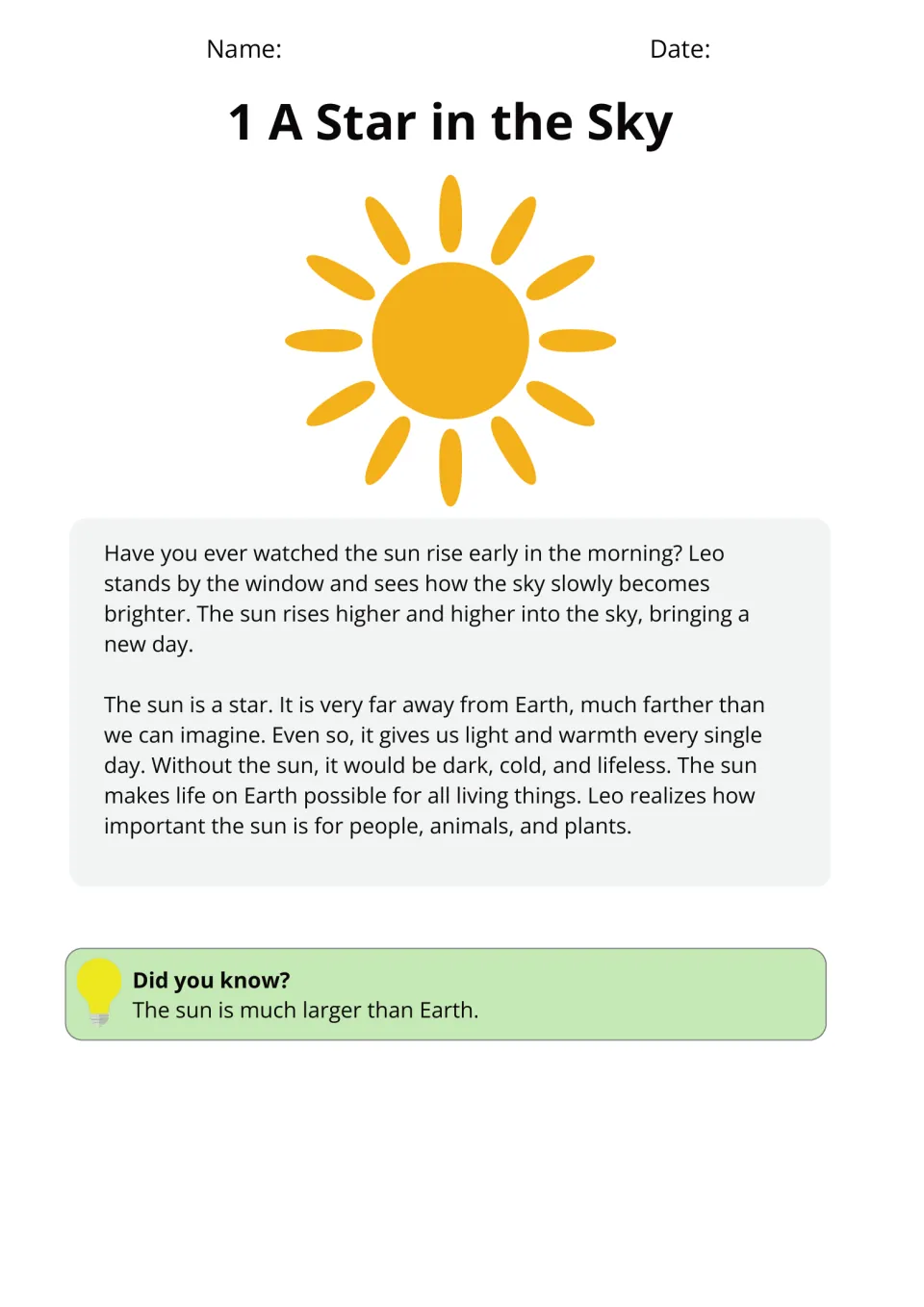 A Star in the Sky: passage where Leo watches the sunrise and learns the sun is a far-away star, plus a Did you know? fact
