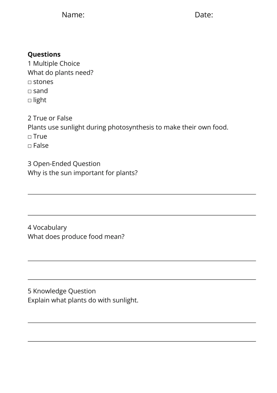 Photosynthesis questions: what plants need, a true or false item, why the sun matters for plants, meaning of produce food