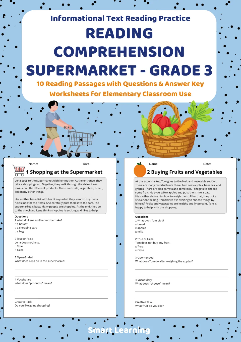 Cover of Reading Comprehension Supermarket - Grade 3: 10 reading passages with questions and answer key, two shown