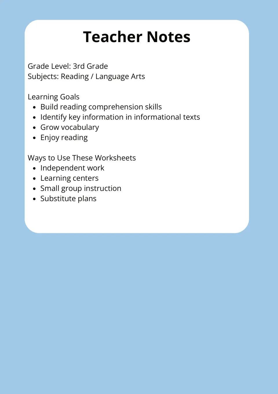 Teacher notes giving grade level, subjects, listed learning goals and ways to use the worksheets, such as sub plans