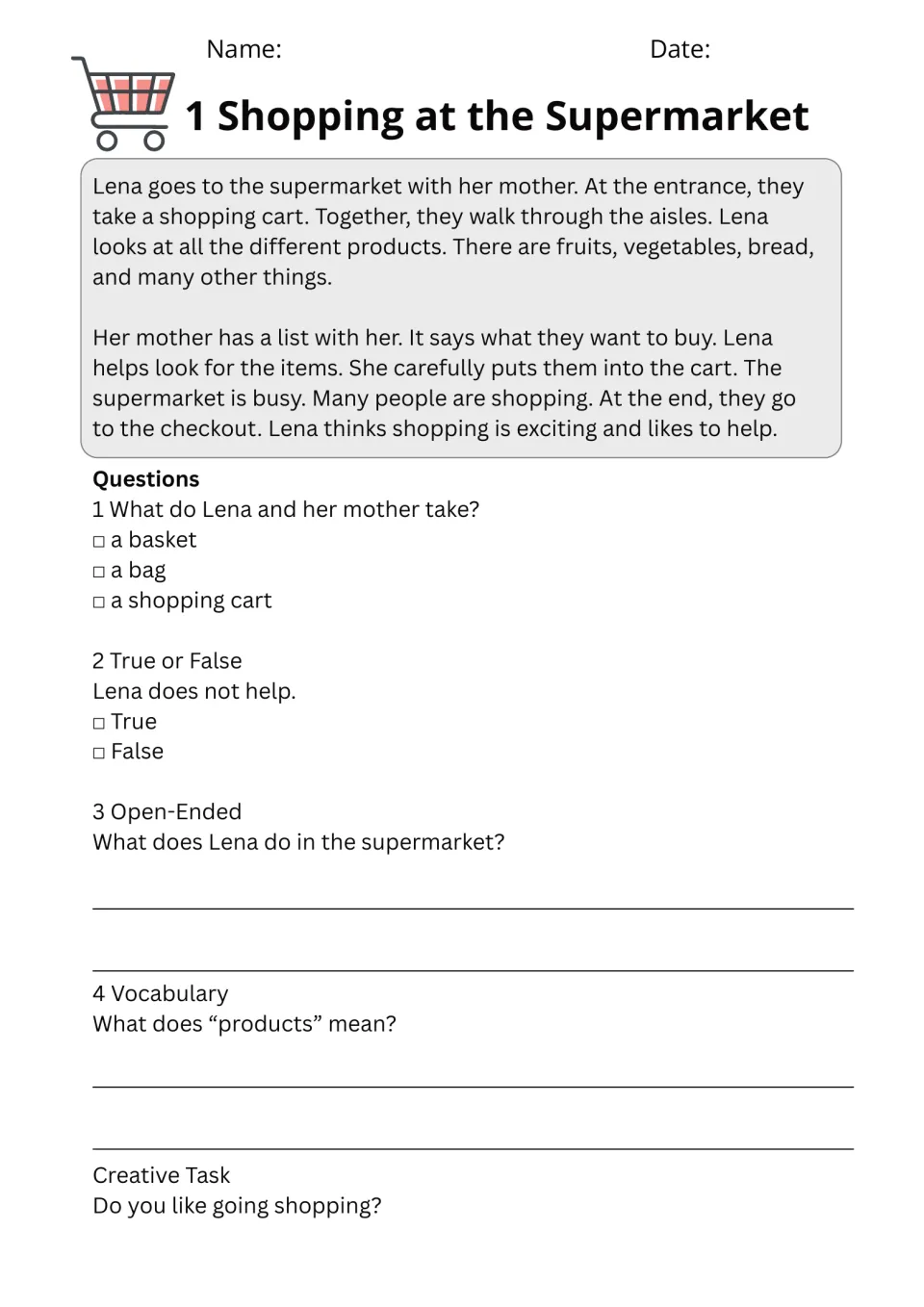 Shopping at the Supermarket: students read about Lena and answer choice, true/false, open-ended and vocabulary items