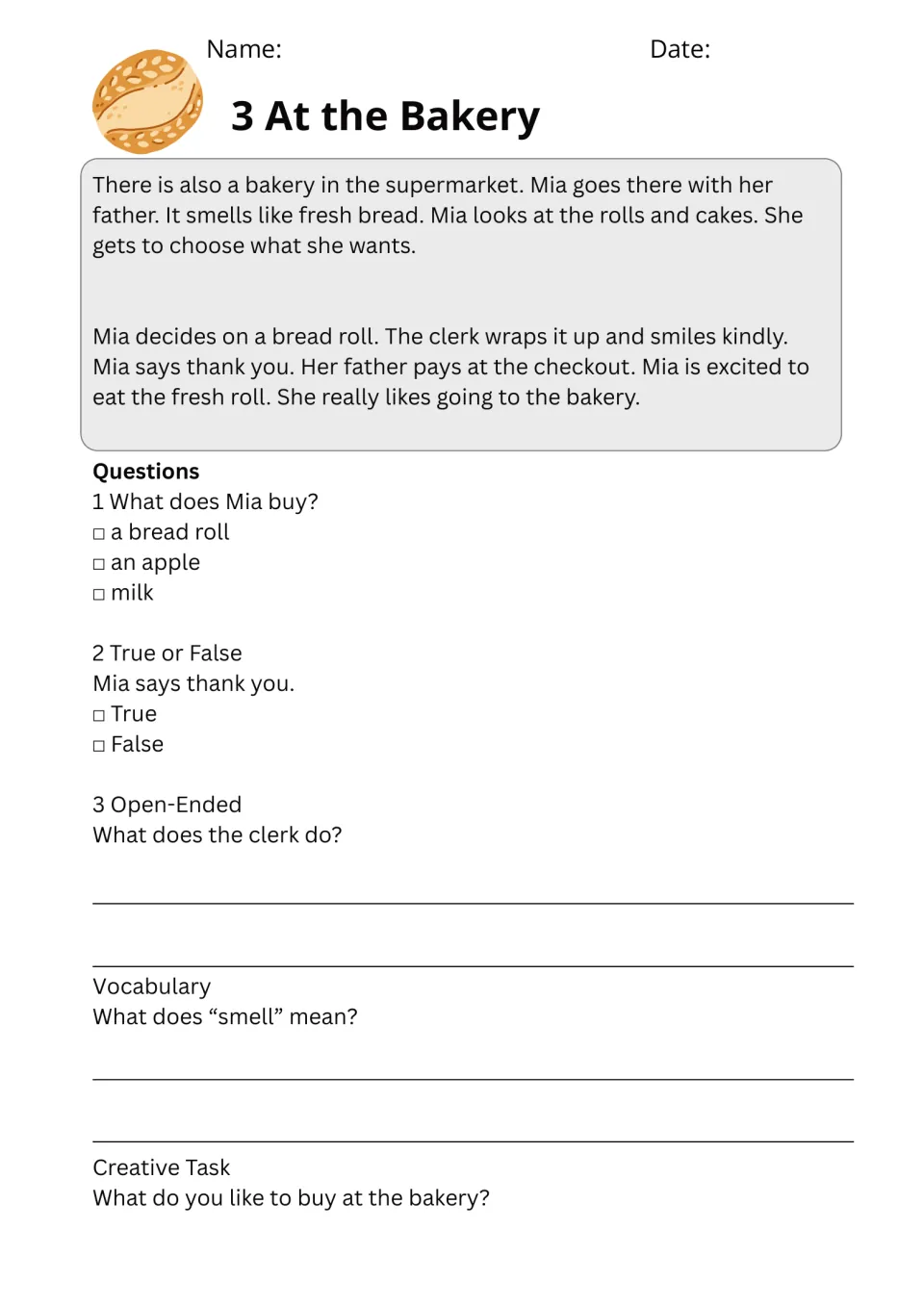 At the Bakery: students read about Mia buying a bread roll, answer recall questions, define "smell" and share a favorite
