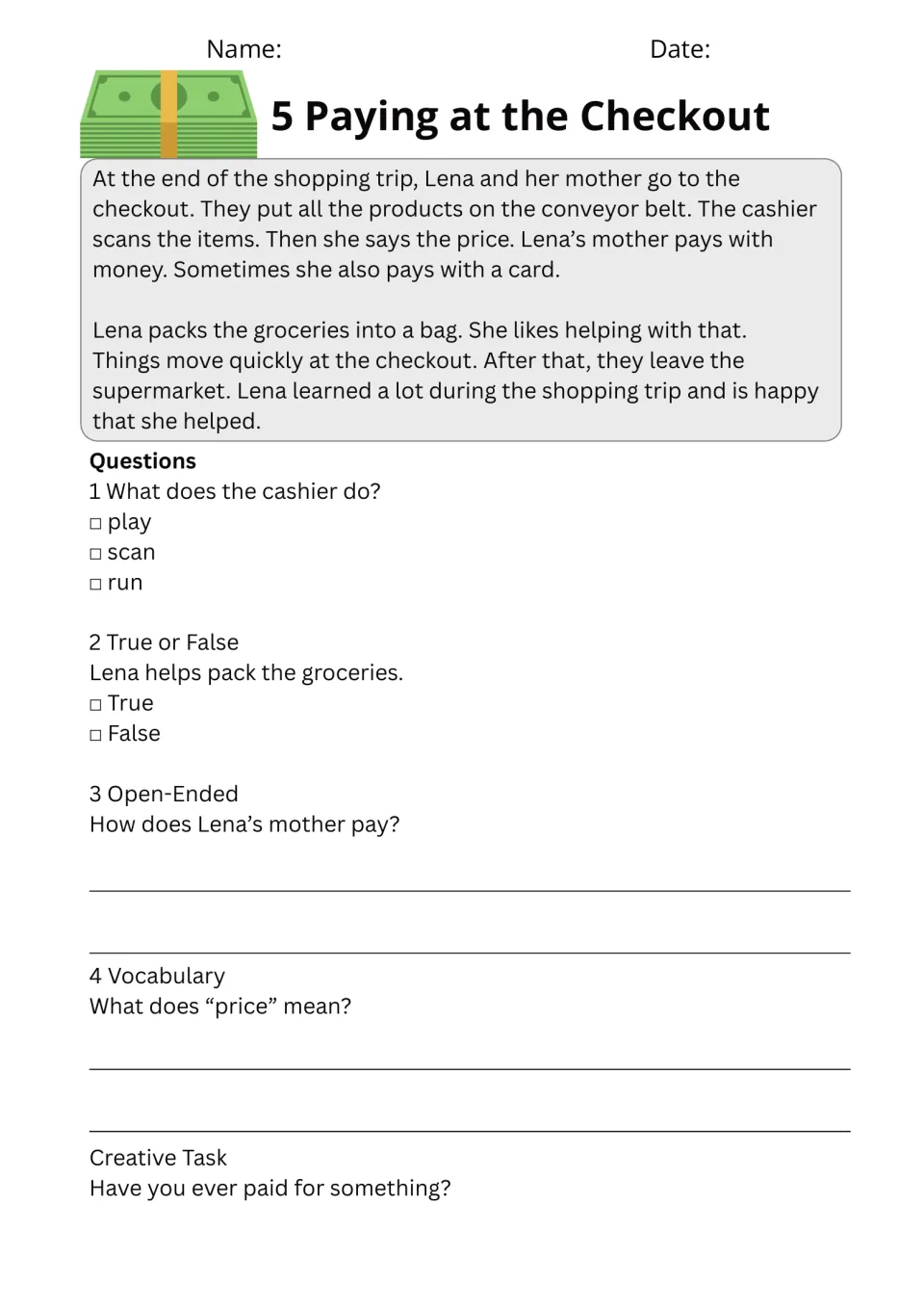 Paying at the Checkout: students read about scanning and paying, answer how Lena's mother pays and define "price"