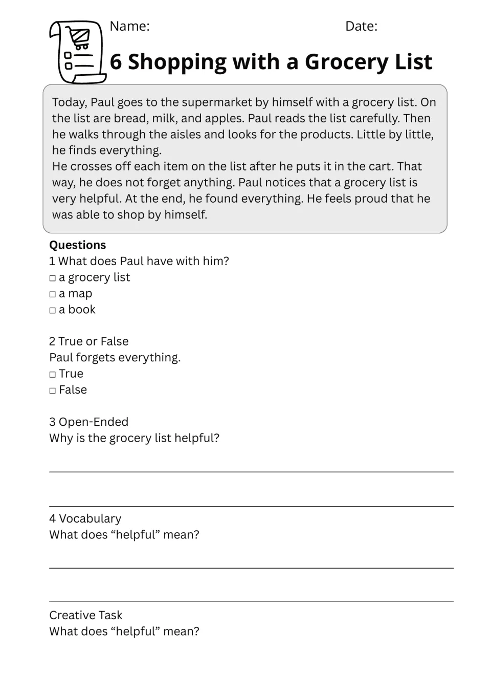 Shopping with a Grocery List: students read about Paul shopping alone, explain why a list helps and define "helpful"