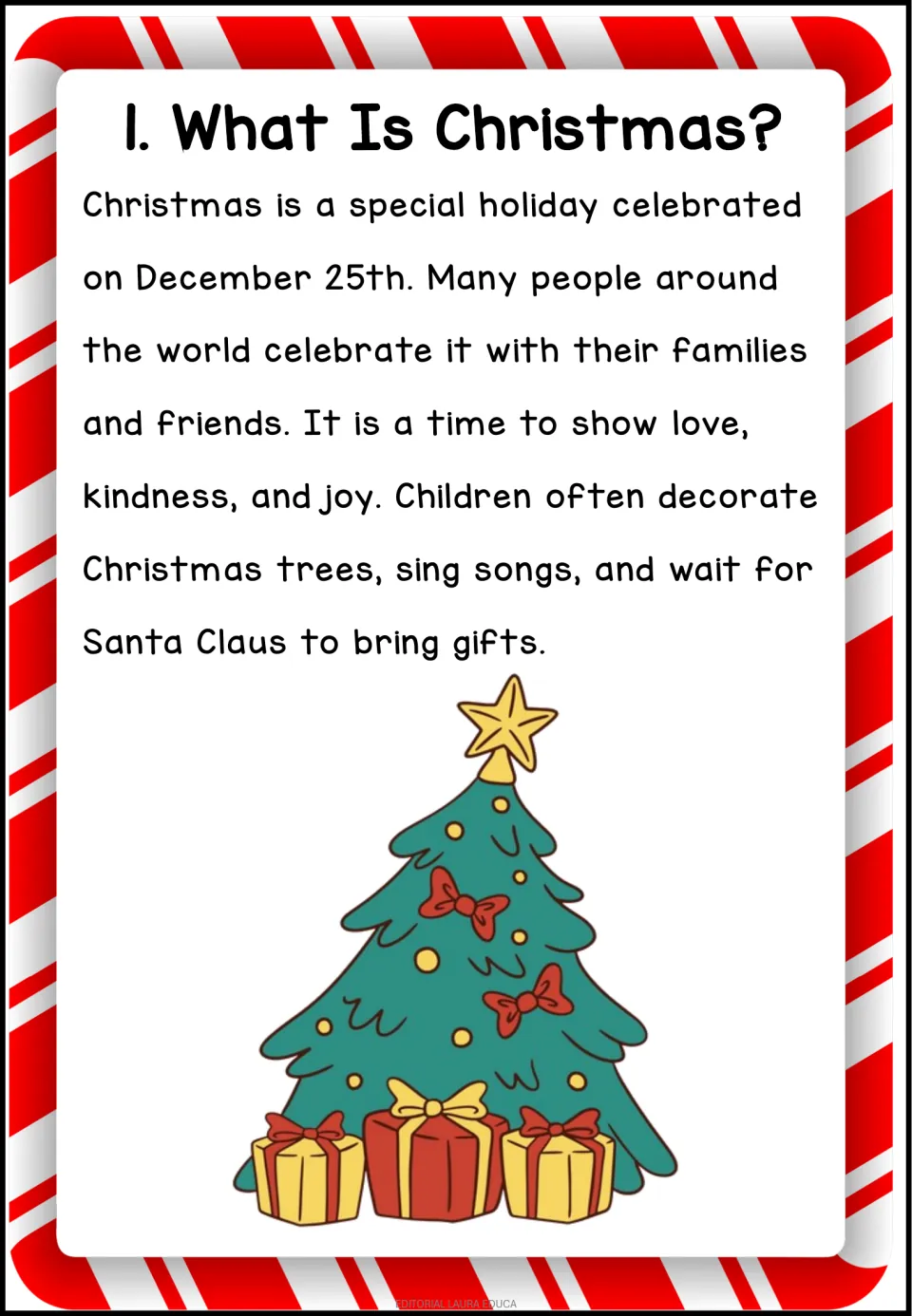 Reading 1, 'What Is Christmas?': December 25 celebrations, family and friends, kindness, trees, and gifts