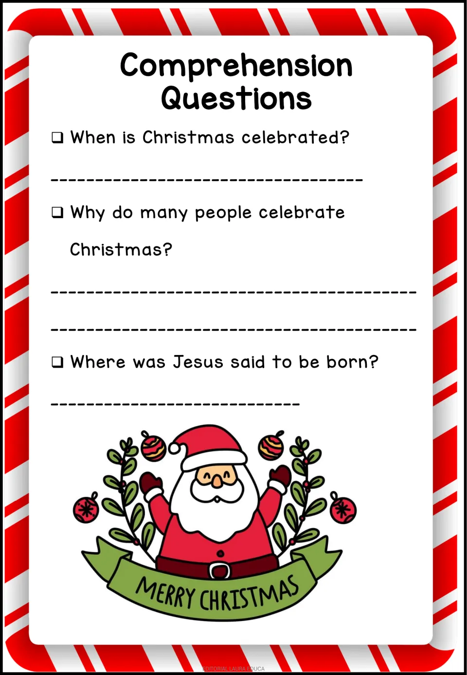 First comprehension question page asks when Christmas is celebrated, why people celebrate, and Jesus's birthplace