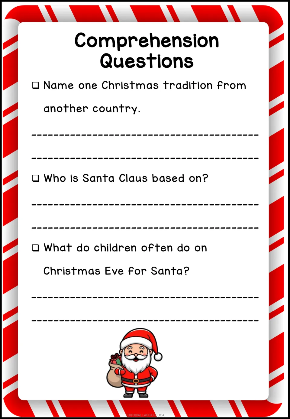 Second comprehension question page asks about a foreign Christmas tradition, Santa's basis, and Christmas Eve customs