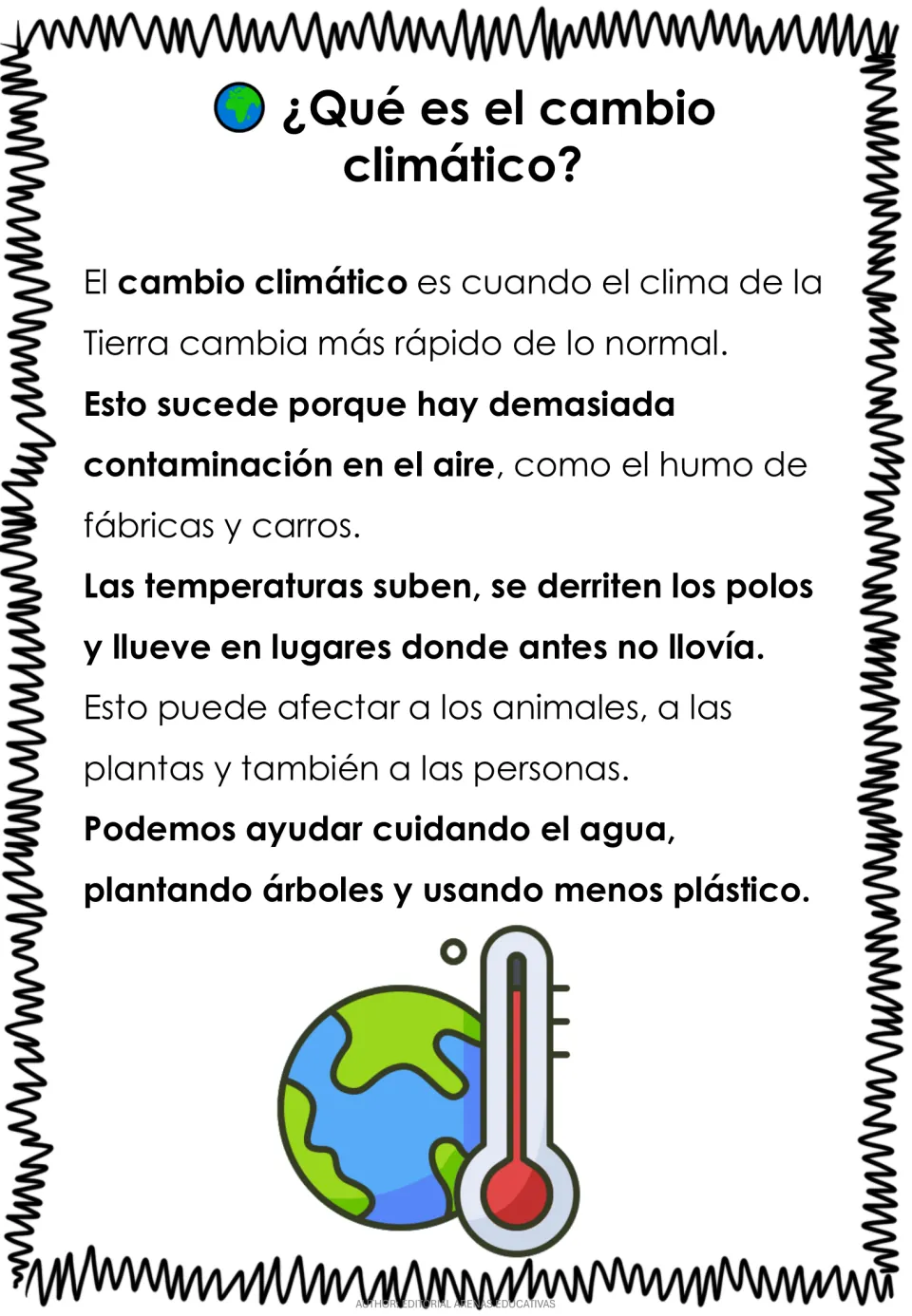 Spanish reading passage '¿Qué es el cambio climático?' (What is climate change?) covers causes and effects