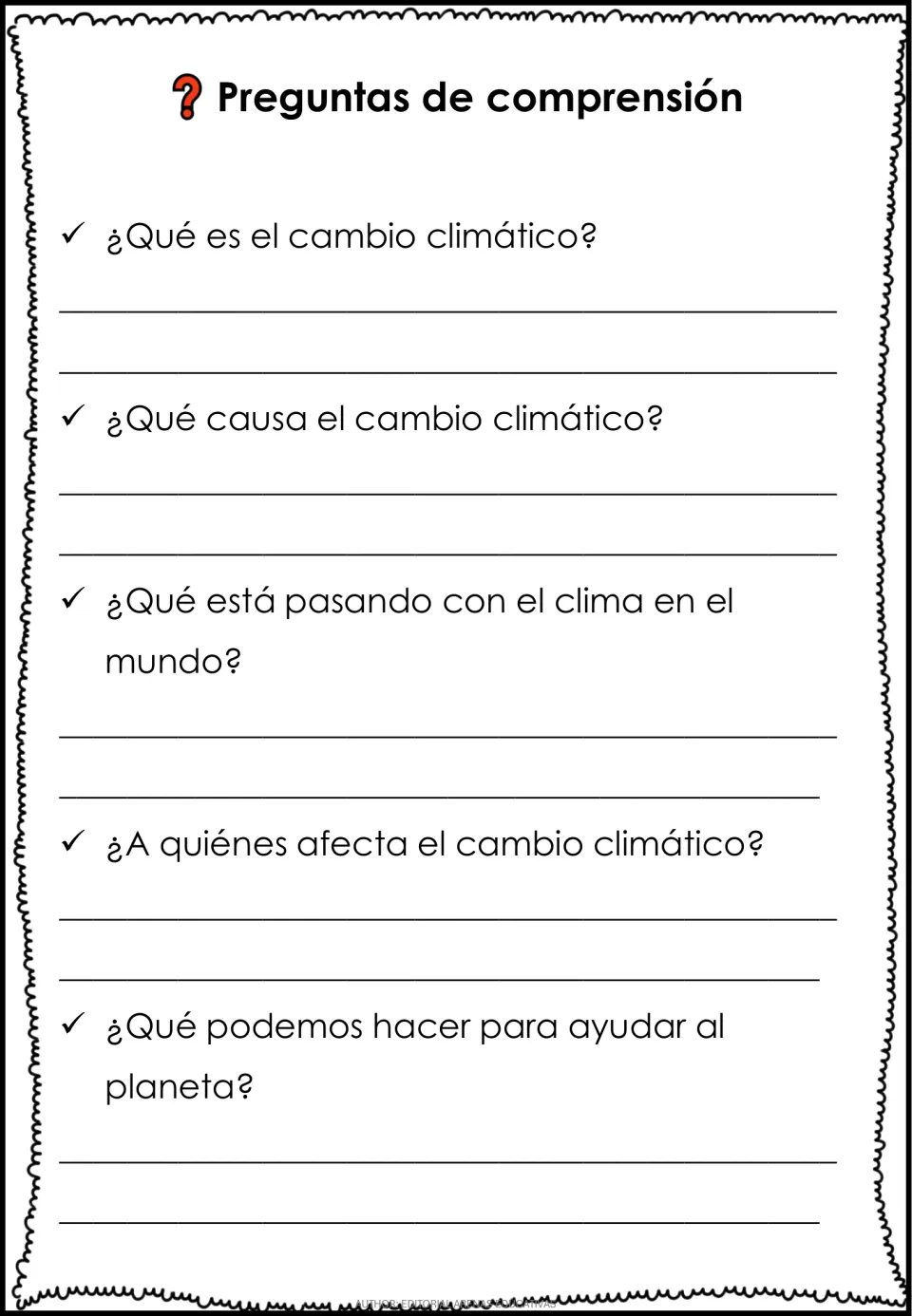 Spanish comprehension questions ask about climate change, its causes, weather, who it affects, and helping Earth
