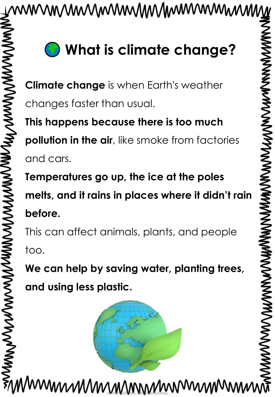English reading passage 'What is climate change?' covers pollution, warming, melting ice, and helping the planet