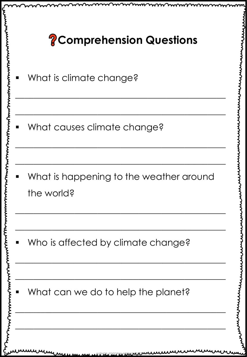 English comprehension questions ask about climate change, its causes, weather, who it affects, and helping Earth