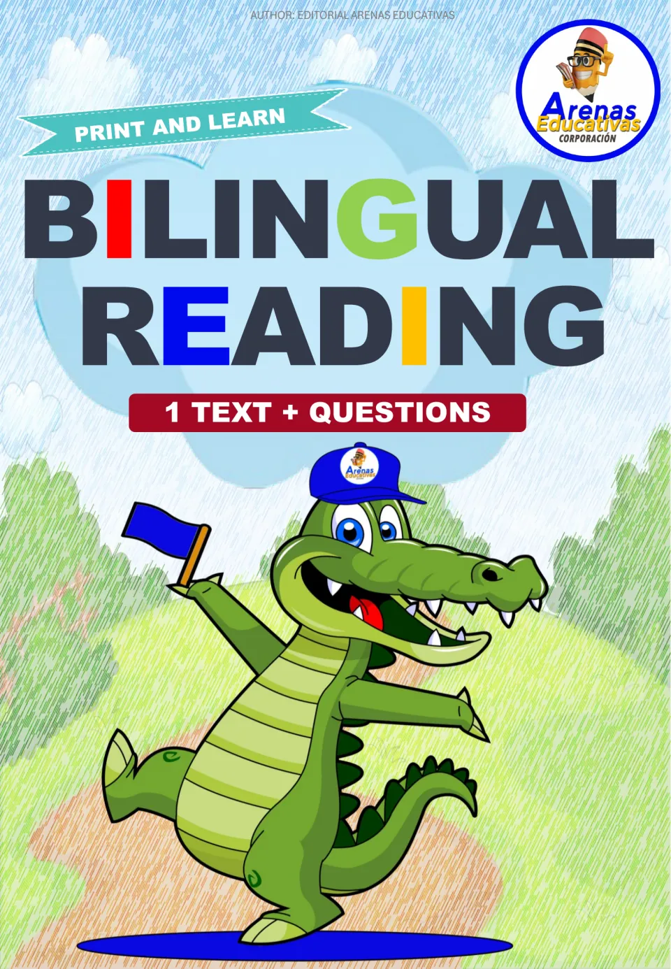Bilingual Reading cover, Print and Learn: one text plus questions, shown with a crocodile mascot waving a flag