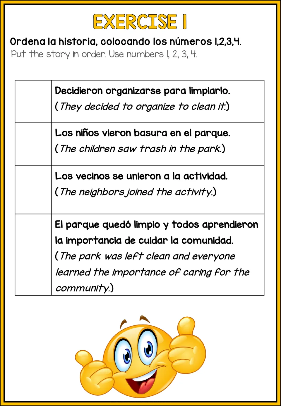Exercise 1 story sequencing: students number four Spanish-English events from the park cleanup in order, 1 to 4