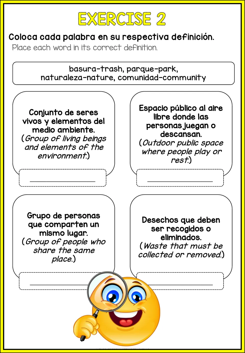 Exercise 2 vocabulary: students match basura, parque, naturaleza and comunidad to their Spanish-English definitions