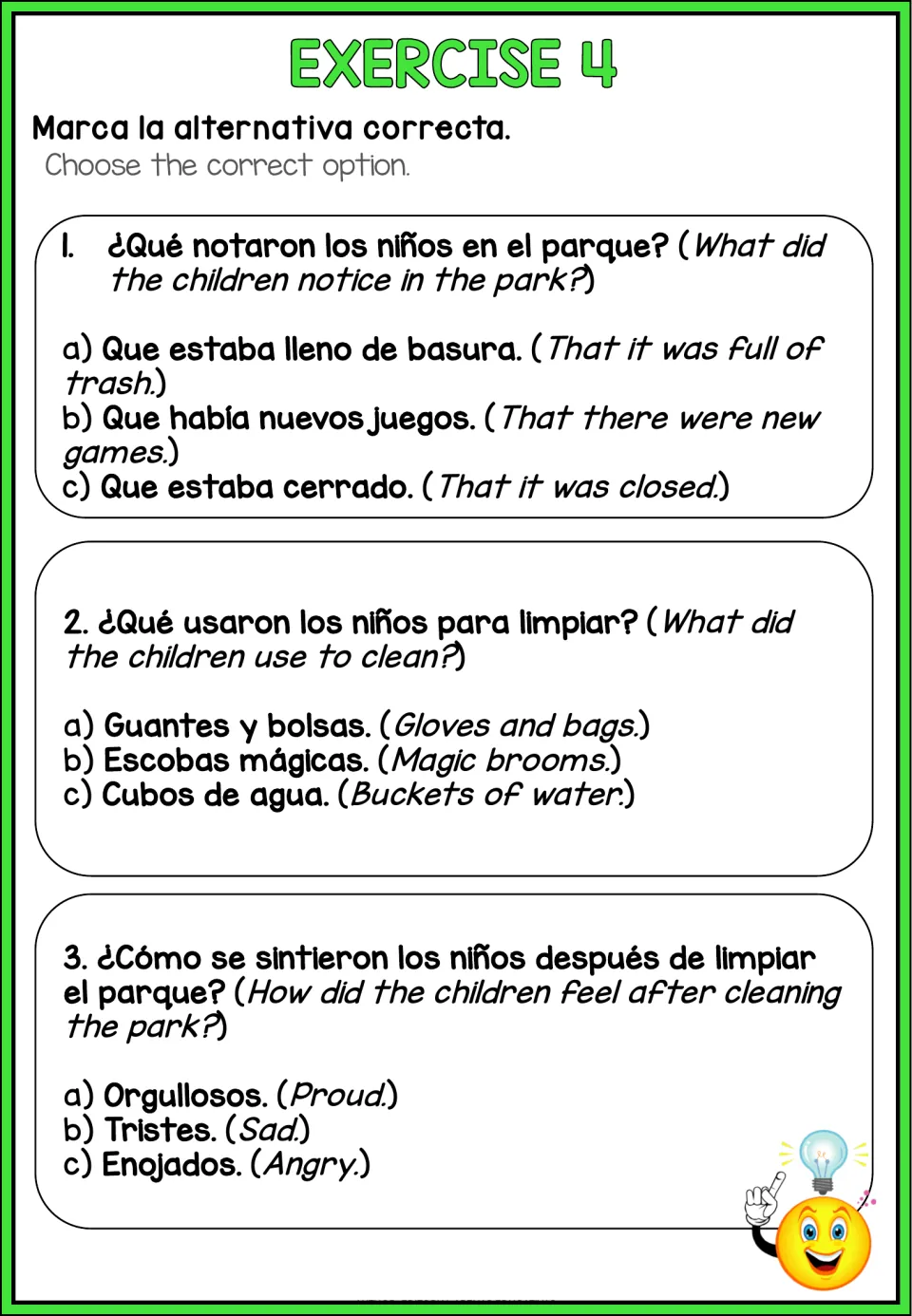 Exercise 4 multiple choice: three bilingual questions on what the children noticed, used to clean and felt afterward