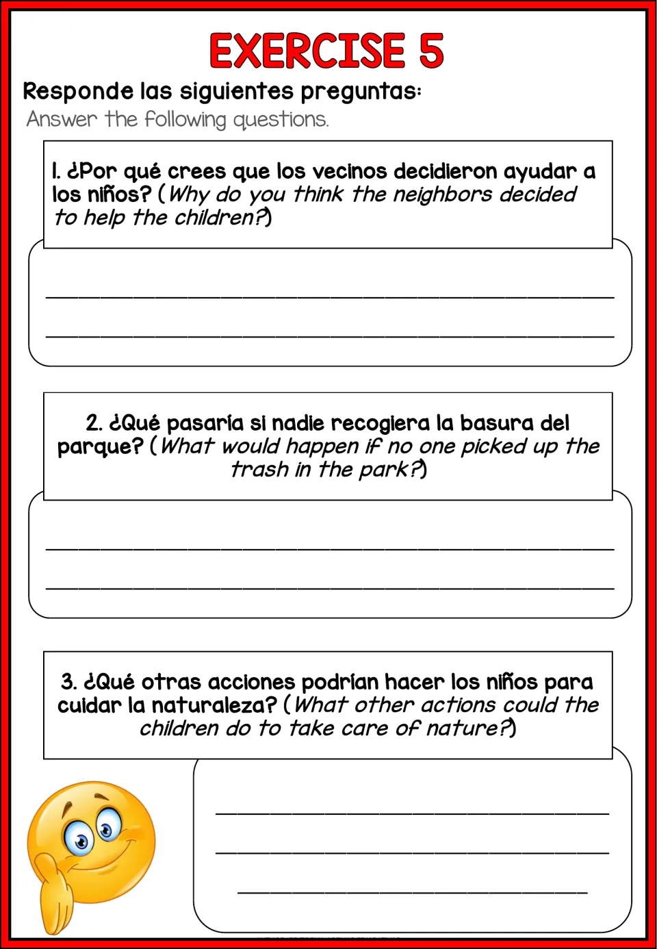 Exercise 5 written response: why neighbors helped, what if no one picks up trash, and other ways to care for nature