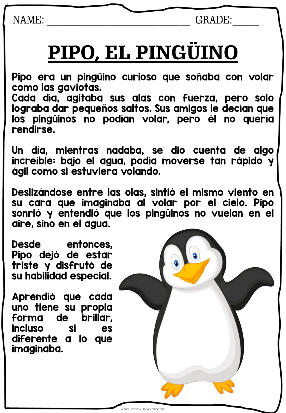Spanish story 'Pipo, el pingüino' (Pipo the Penguin): Pipo dreams of flying and discovers his swimming ability.