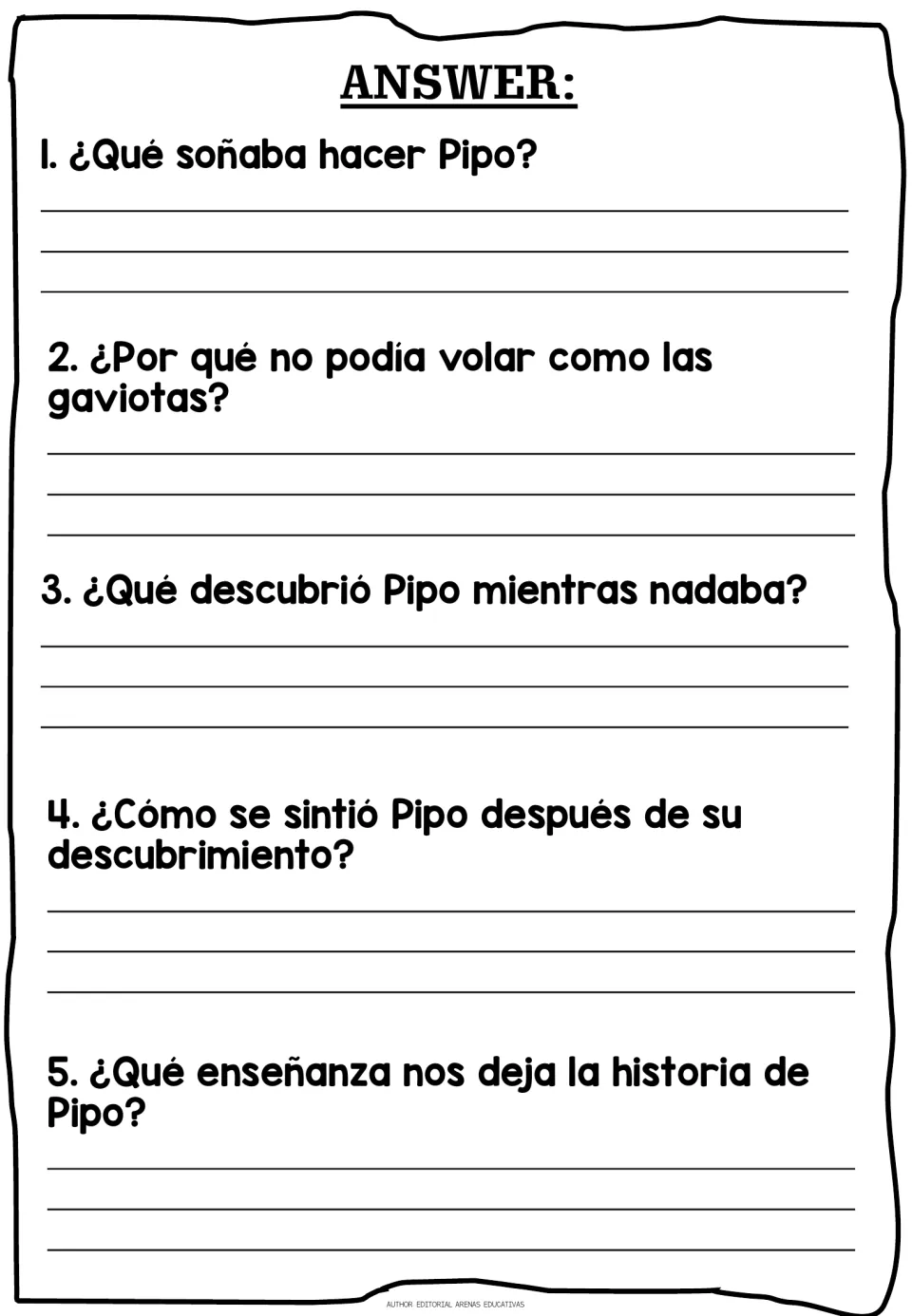 Five Spanish comprehension questions about Pipo's dream, inability to fly, discovery, feelings, and lesson.
