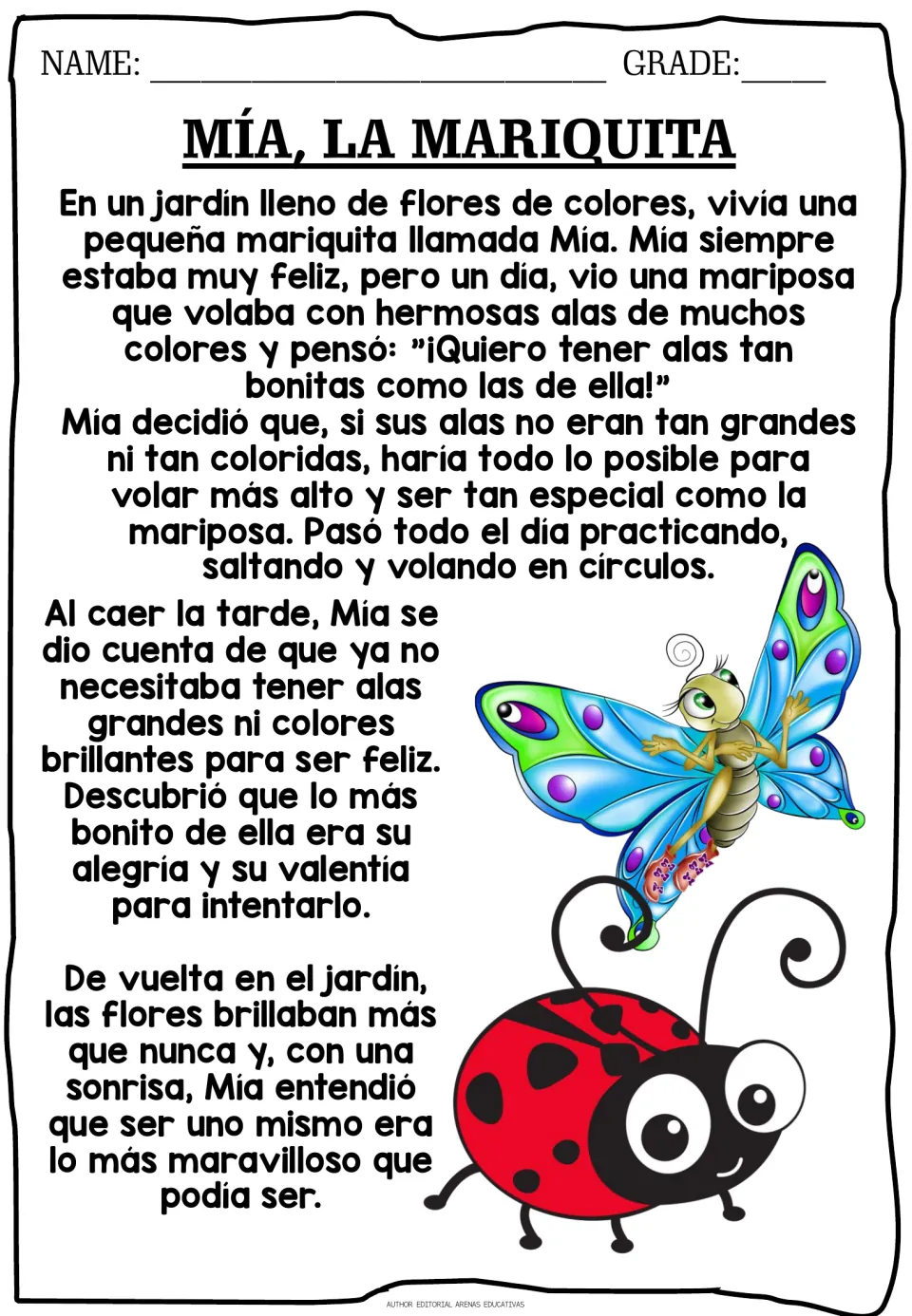 Spanish story Mía, la mariquita: students read about a ladybug who envies a butterfly's wings and learns to be herself